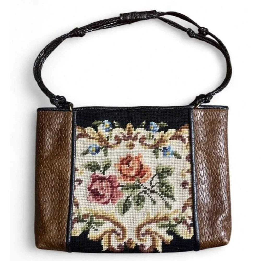Vintage Needlepoint Floral Handbag Purse 9x12 Leather Ornate Romantic Retro Boho